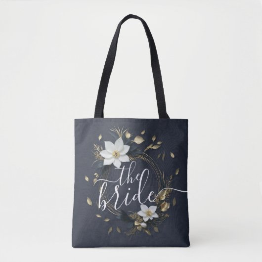 Schwarz-weißer und goldener Blumenreath Hochzeit d Tasche (Vorderseite)