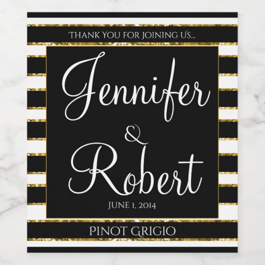 Schwarz-weißer und goldener Glitzer Hochzeitwein Weinetikett (Einzelnes Label)