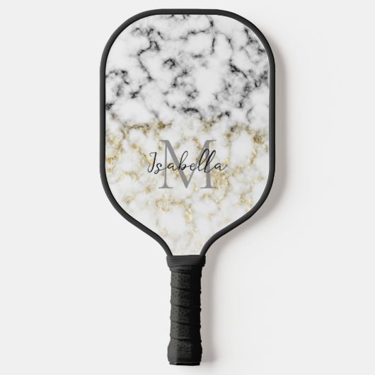 Schwarz-weißer vergoldeter Glitzer Monogram Pickleball Schläger (Rückseite)