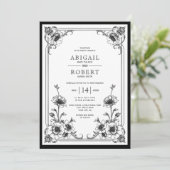 Schwarz-weißer Vintager Blumenrahmen QR Code Hochz Einladung (Stehend Vorderseite)