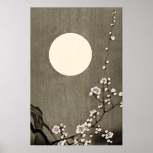 Schwarz-weißer Vollmond Cherry Blossom Art Collect Poster