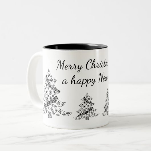 Schwarz-weißer Weihnachtsbaum Feiertag Neues Jahr Zweifarbige Tasse (Vorderseite Links)