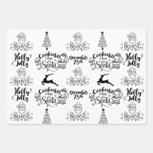 Schwarz-weißer Weihnachtsmann 3 Koordinierung Geschenkpapier Set (Vorderseite)