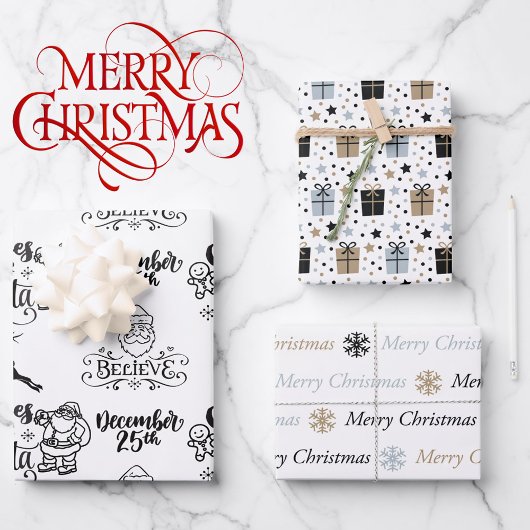 Schwarz-weißer Weihnachtsmann 3 Koordinierung Geschenkpapier Set