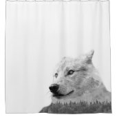 Schwarz-weißer Wolf Doppelexpositionswald rustikal Duschvorhang (Vorderseite)