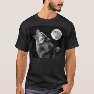 Schwarz-weißer Wolf Howling am T - Shirt Moon
