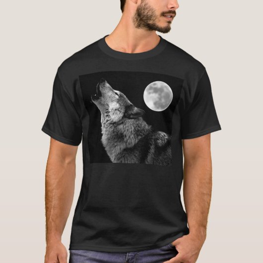 Schwarz-weißer Wolf Howling am T - Shirt Moon (Vorderseite)