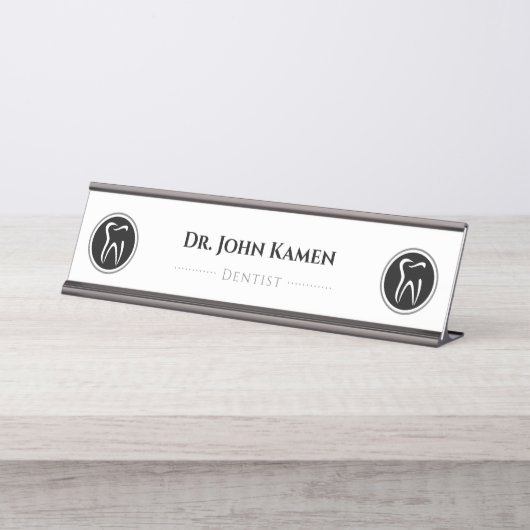Schwarz-weißer Zahnarzt | Zähne Schreibtischnamensplakette (Vorderseite )