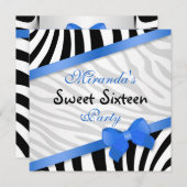 Schwarz-weißer Zebra, blaues Band Druckbonbon 16 Einladung (Vorne/Hinten)