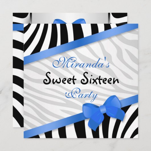 Schwarz-weißer Zebra, blaues Band Druckbonbon 16 Einladung (Vorne/Hinten)