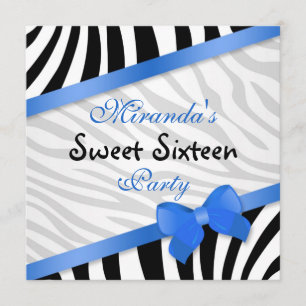 Schwarz-weißer Zebra, blaues Band Druckbonbon 16 Einladung