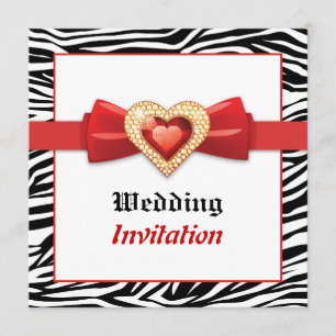 Schwarz-weißer Zebradruck mit rotem Juwel Hochzeit Einladung