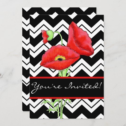 Schwarz-weißer Zickzack ZizZag Roter Mohnschwarz Einladung (Vorne/Hinten)