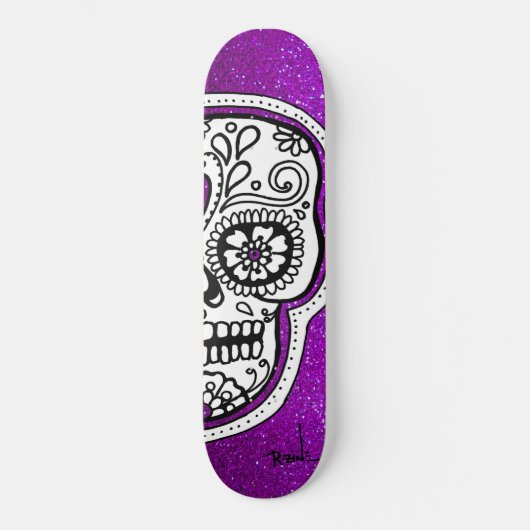 Schwarz-weißer Zucker Schädel Lila Glitzer Glitzer Skateboard (Vorderseite)