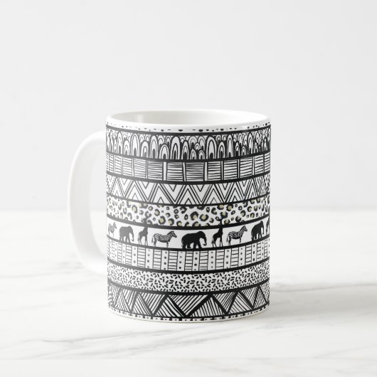 Schwarz-weißes afrikanisches Stammesmuster Kaffeetasse (Vorderseite Links)