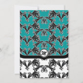 Schwarz-weißes Aquamarines Herz Damask Hochzeitsei Einladung (Rückseite)