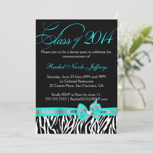 Schwarz-weißes Aquamarines Zebra 2014 Abschluss Ei Einladung (Stehend Vorderseite)