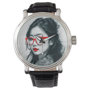 Schwarz-weißes asiatisches Portrait Rote Lippen un Armbanduhr