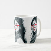 Schwarz-weißes asiatisches Portrait Rote Lippen un Kaffeetasse (VorderseiteRechts)