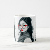 Schwarz-weißes asiatisches Portrait Rote Lippen un Kaffeetasse (Mittel)