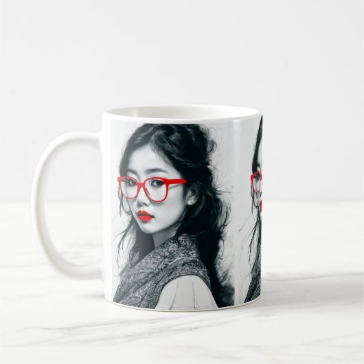 Schwarz-weißes asiatisches Portrait Rote Lippen un Kaffeetasse (Links)