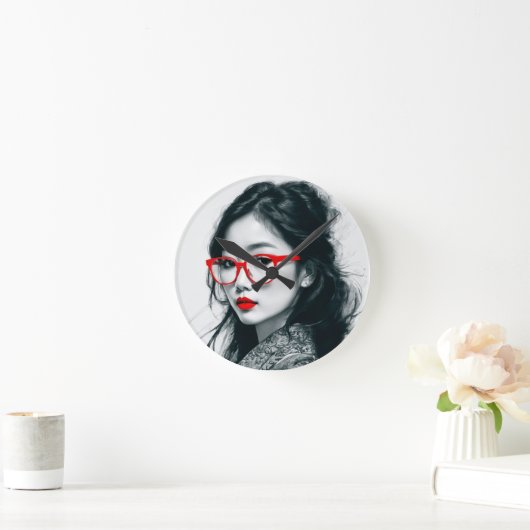 Schwarz-weißes asiatisches Portrait Rote Lippen un Runde Wanduhr (Zuhause)