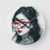 Schwarz-weißes asiatisches Portrait Rote Lippen un Runde Wanduhr (Vorderseite)