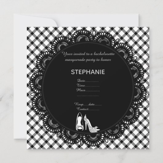 SCHWARZ-WEISSES BACHELORETTE-MASQUERADE-PARTY EINLADUNG (Rückseite)