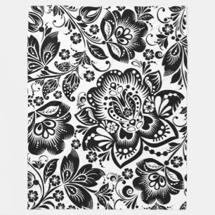Schwarz-weißes barockes Blumenmuster Fleecedecke