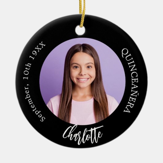 Schwarz-weißes benutzerdefiniertes Foto Quinceaner Keramik Ornament (Vorne)