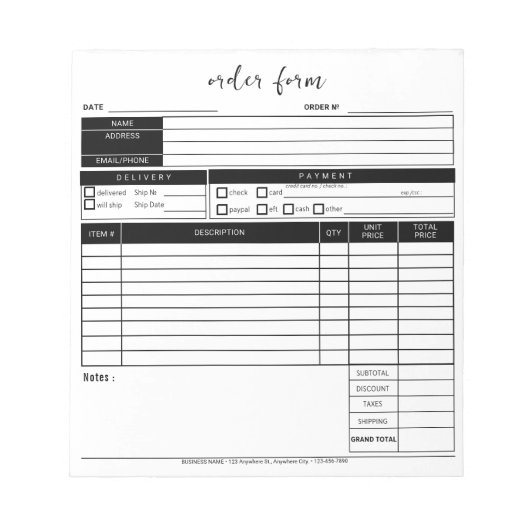Schwarz-weißes Bestellformular für Kleinbäckerei Notizblock (Vorderseite)