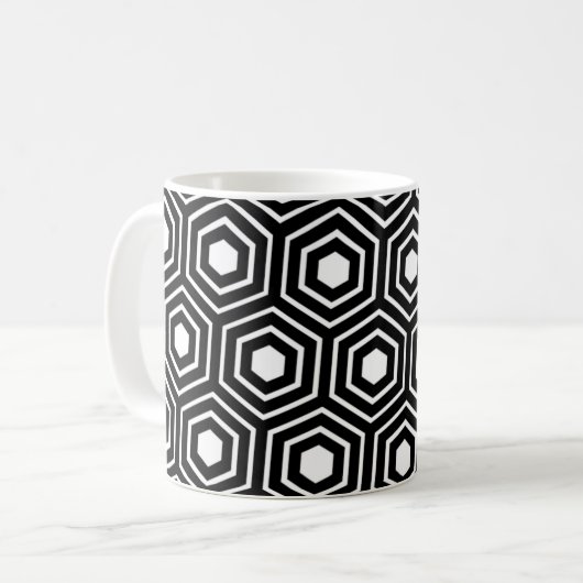 Schwarz-weißes Bienenhexagon-Streifen-Muster Kaffeetasse (Vorderseite Links)