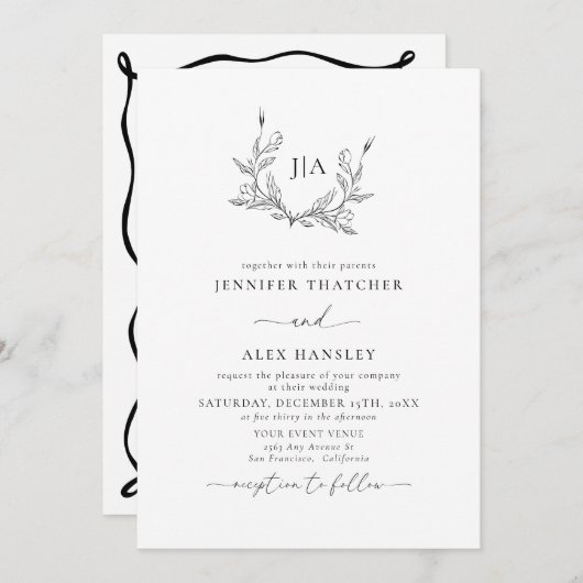 Schwarz-weißes Blatt | Monogramm-Foto-Hochzeit Einladung (Vorne/Hinten)