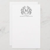Schwarz-weißes blorales Vintages Wappen Monogramm Briefpapier (Vorne/Hinten)