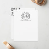Schwarz-weißes blorales Vintages Wappen Monogramm Mitteilungskarte (Vorderseite/Rückseite Beispiel)