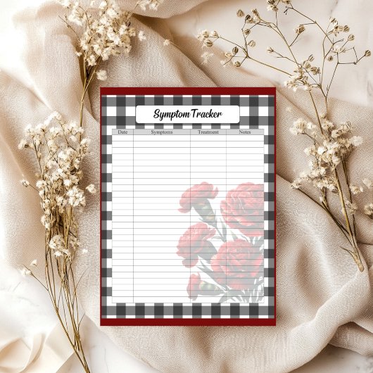 Schwarz-weißes Blumen-Gingham_ Symptom-Tracker Notizblock