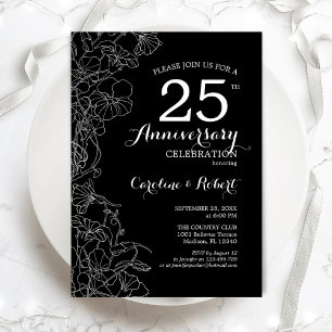 Schwarz-weißes Blumendesign zum 25. Jubiläum Einladung