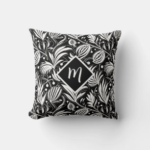 Schwarz-weißes Blumenmuster Diamant-Monogramm Kissen