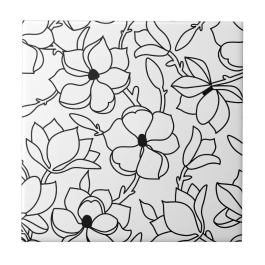 Schwarz-weißes Blumenmuster Fliese (Vorderseite)