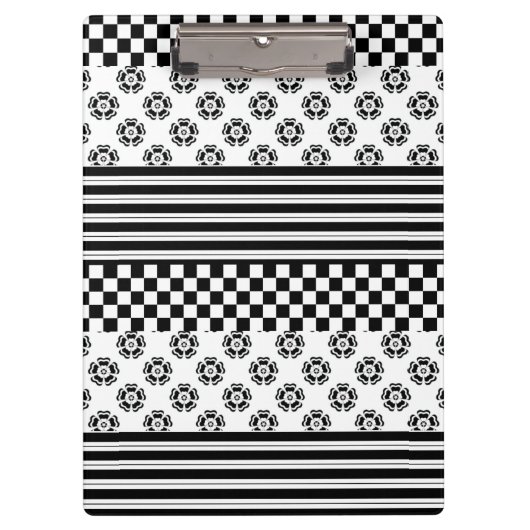 Schwarz-weißes Boho Karo Blumenmuster Klemmbrett (Vorderseite)