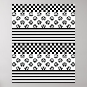 Schwarz-weißes Boho Karo Blumenmuster Poster