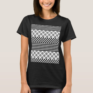 Schwarz-weißes Boho Karo Blumenmuster T-Shirt