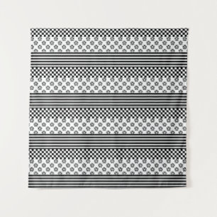 Schwarz-weißes Boho Karo Blumenmuster Wandteppich