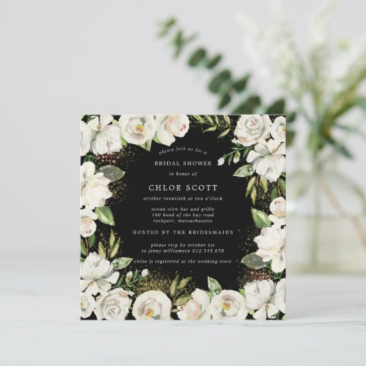 Schwarz-weißes Brautparty am Blumenplatz Einladung (Stehend Vorderseite)