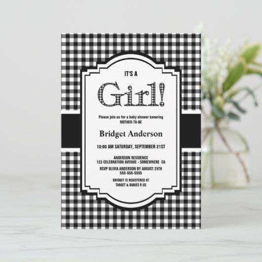 Schwarz-weißes Buffalo Kariert Babydusche Einladung (Stehend Vorderseite)