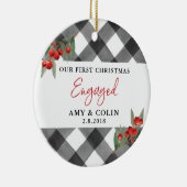 Schwarz-weißes Buffalo Kariert Erstes Weihnachtsfe Keramik Ornament (Rechts)