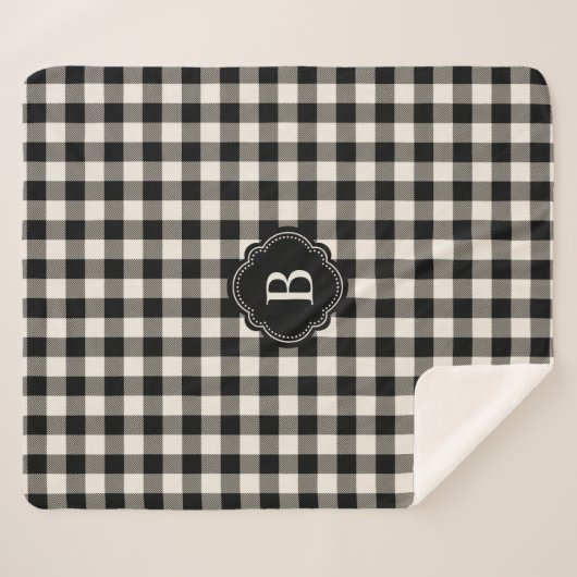 Schwarz-weißes Buffalo Kariert mit Monogramm Sherpadecke (Vorderseite (Horizontal))