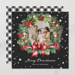 Schwarz-weißes Buffalo Kariert Stars Foto Weihnach Feiertagskarte