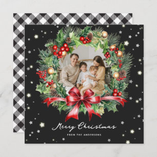 Schwarz-weißes Buffalo Kariert Stars Foto Weihnach Feiertagskarte