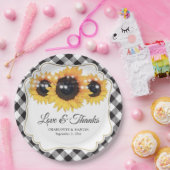 Schwarz-weißes Buffalo Karierte Sonnenblumenhochze Pappteller (Party)